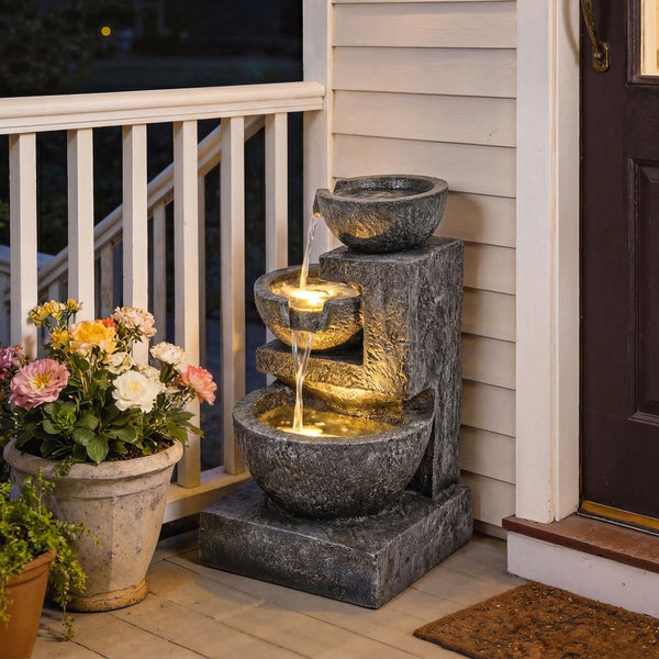 Dreistufiger Kaskadenbrunnen in Steinoptik mit integrierter LED-Beleuchtung, auf einer Veranda neben einem Blumentopf platziert.