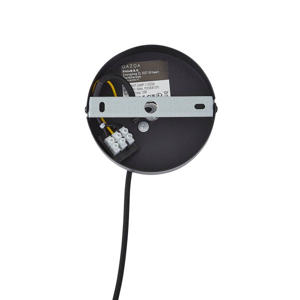 Innenansicht einer runden Deckenhalterung für eine Leuchte mit Montagebügel, Lüsterklemme, Verkabelung und Typenschild.