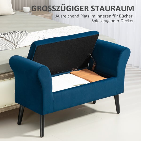 HOMCOM Sitzbank Polsterbank mit Stauraum Bettbank mit Armlehne für Flur Schlafzimmer samtartiges Polyester 111,5 x 41 x 65 cm Blau