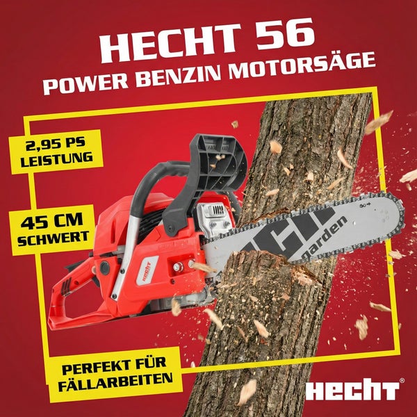 Hecht 56 Power Benzin Kettensäge mit 2,95 PS Leistung und 45 cm Schwert beim Sägen eines Baumstammes