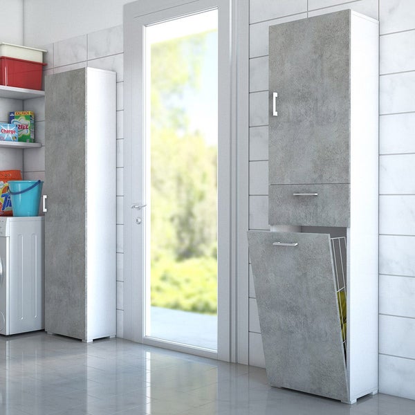Modernes Badezimmer mit Waschmaschine, Regal und zwei grauen Badschränken für zusätzlichen Stauraum