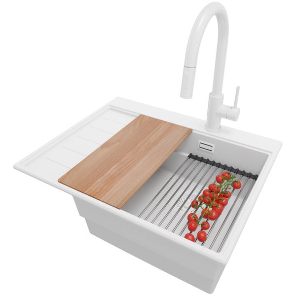 PRIMAGRAN Granitspüle Alles Weiß 62x50cm, Spülbecken 1 Becken + Küchenarmatur 40x20cm + Ablauf-Set + Küchenzubehörset, Küchenspüle ab 45er Unterschrank - Sydney