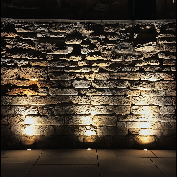 Drei Bodenstrahler beleuchten eine Natursteinmauer von unten. Das warme Licht betont die Struktur und Textur der Steine.