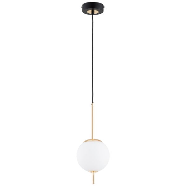 Moderne Pendelleuchte mit kugelformigem Glasschirm und metallischen Elementen fur die Deckenmontage