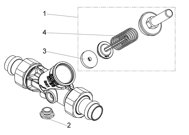 Technische Zeichnung einer Ventilarmatur mit Explosionsdarstellung der Ersatzteile wie Feder, Dichtung und Verschlussschraube.