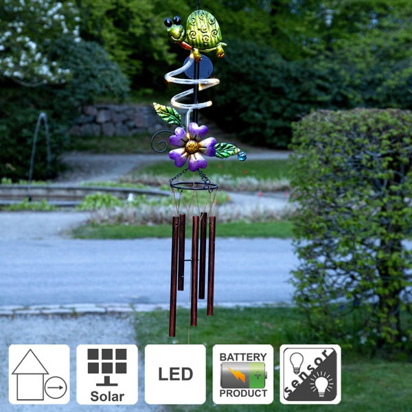Windspiel mit Schildkröte, Solar LED, Blume und Klangstäben für den Außenbereich