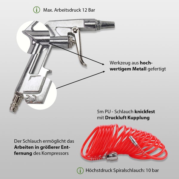 Ausblaspistole aus Metall mit maximalem Arbeitsdruck von 12 Bar und 5 Meter langer, knickfester Polyurethan Spiralschlauch mit Druckluft Kupplung.