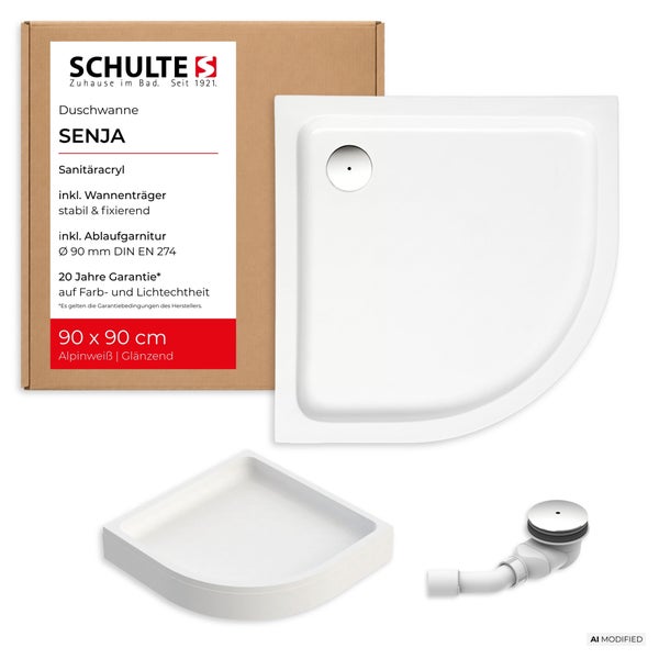 Schulte Senja Duschwanne 90 x 90 cm aus Sanitäracryl inklusive Wannenträger und Ablaufgarnitur