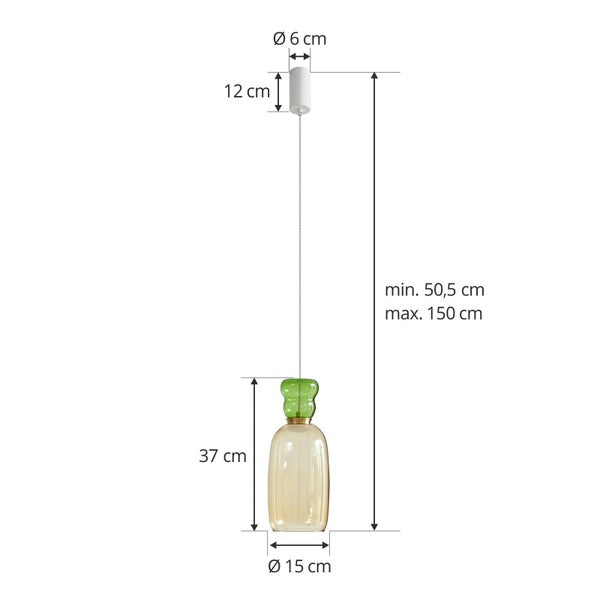 Pendelleuchte aus Glas in Grün und Beige mit Maßen: Schirmhöhe 37 Zentimeter, Durchmesser 15 Zentimeter, Höhe 50,5 bis 150 Zentimeter.