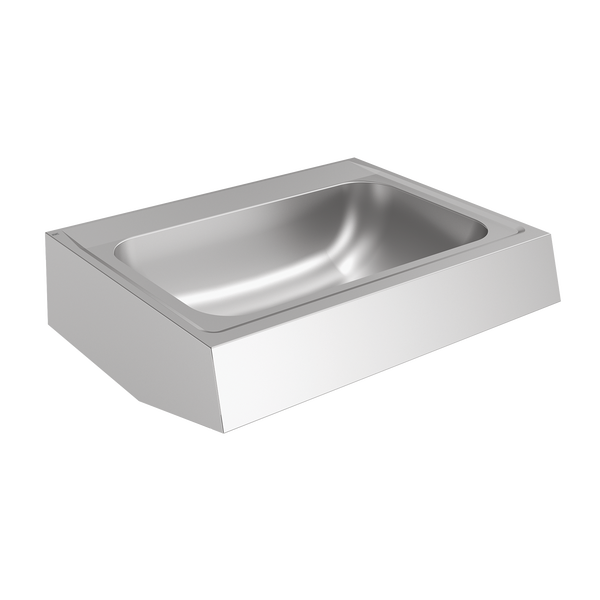 Wandwaschbecken aus Edelstahl, rechteckige Form mit abgerundetem Innenbecken.