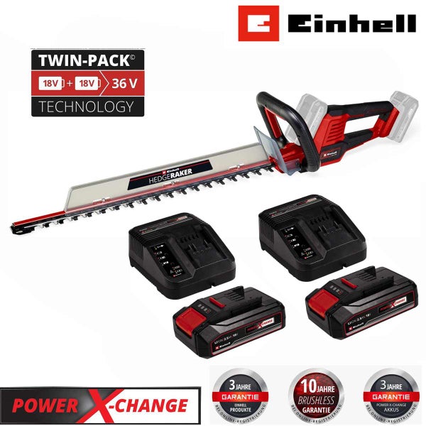 Einhell Akku Heckenschere mit zwei Akkus und zwei Ladegeräten für Power X-Change Technologie und Twin-Pack Technologie mit Garantiehinweisen