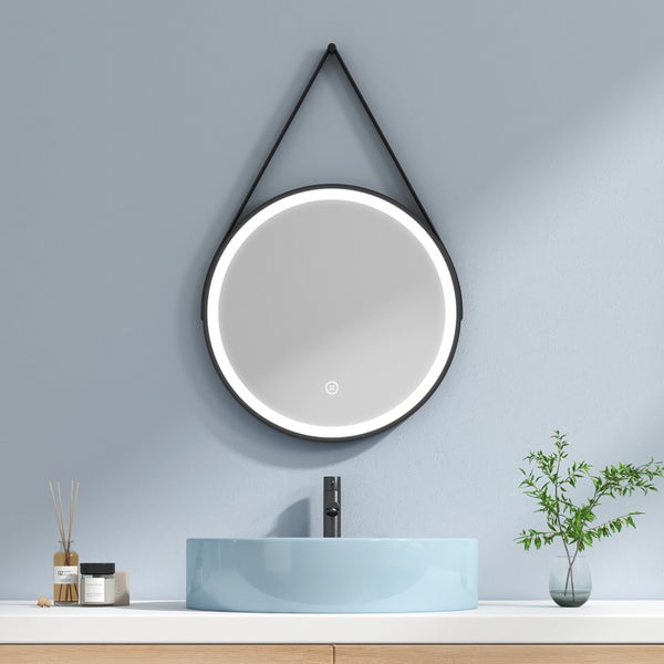 EMKE Badspiegel mit Beleuchtung Ø50 cm, 6500K Kaltweiß, Touch-Schalter, rahmenloser LED-Spiegel mit schwarzem Eisenrahmen & Kunstlederriemen, IP44, 4 mm kupferfrei, Antirost, Vintage-Stil