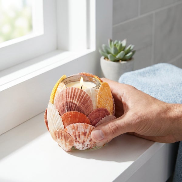 Eine brennende Kerze in einem Glas, das mit einer Vielzahl von dekorativen Muscheln verziert ist, auf einem Fensterbrett gehalten.