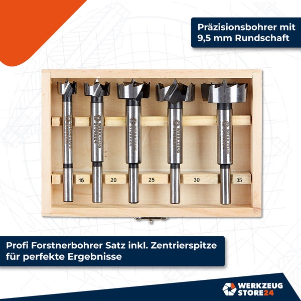 Forstnerbohrer Set in einer Holzbox mit verschiedenen Größen