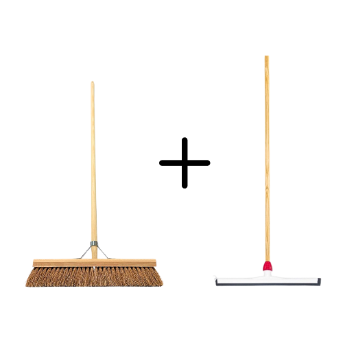 Kokosfaserbesen mit Holzstiel und Abzieher mit Holzstiel