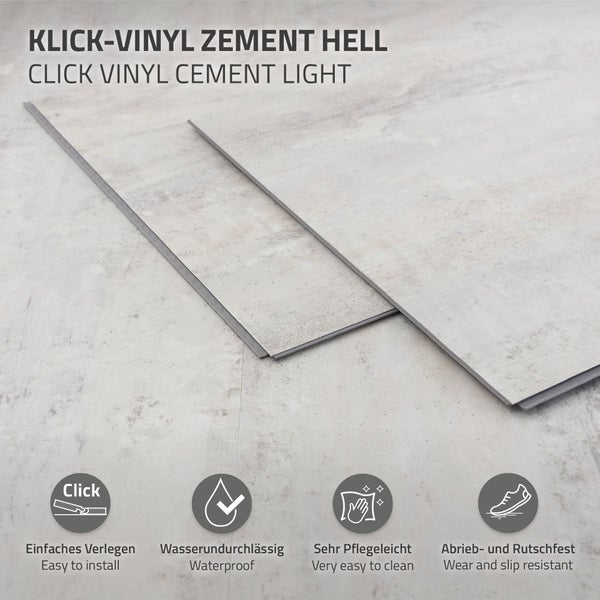 Klick-Vinyl in Zementoptik hell, wasserundurchlässig, pflegeleicht, abrieb- und rutschfest mit einfachem Klicksystem.