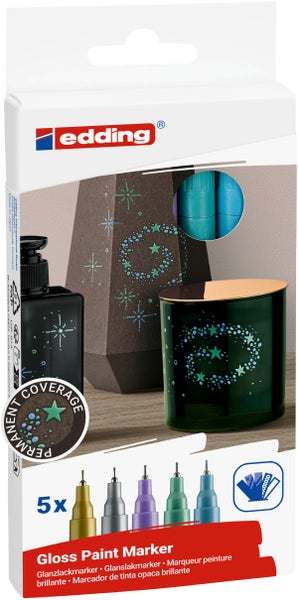 Set mit fünf Edding Glanzlackmarkern in verschiedenen Farben auf einer Produktverpackung