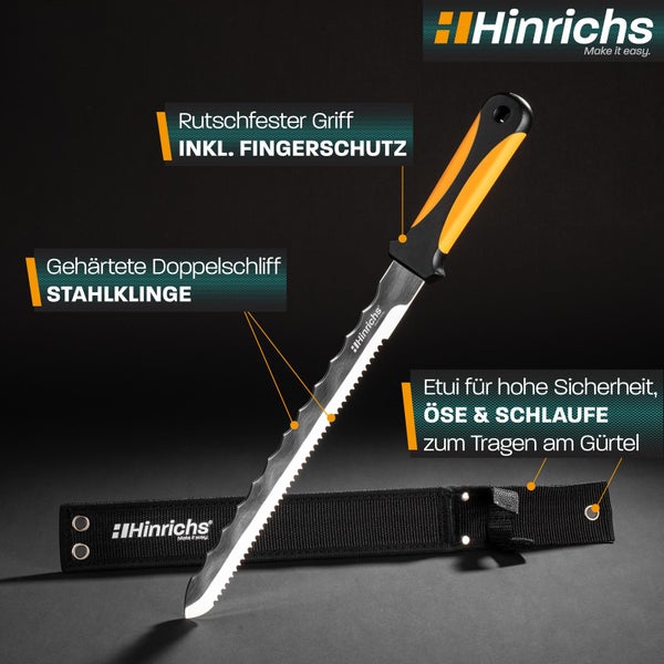 Hinrichs Dämmstoffmesser mit gehärteter Doppelschliff-Stahlklinge, rutschfestem Griff, Fingerschutz und Etui mit Gürtelschlaufe.