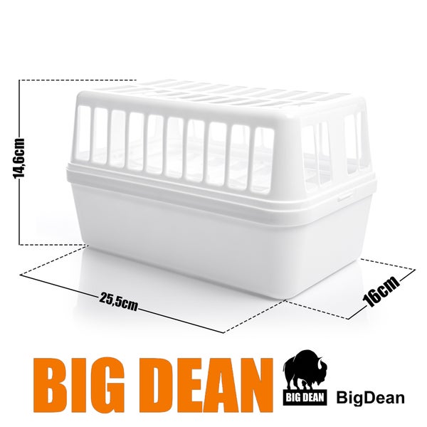 Weiße Transportbox für Kleintiere aus Kunststoff mit den Maßen 25,5 mal 16 mal 14,6 Zentimeter. Big Dean Logo.