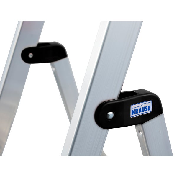 Detailansicht einer Aluminium-Leiter mit schwarzem Verbindungsstück und Krause Logo.