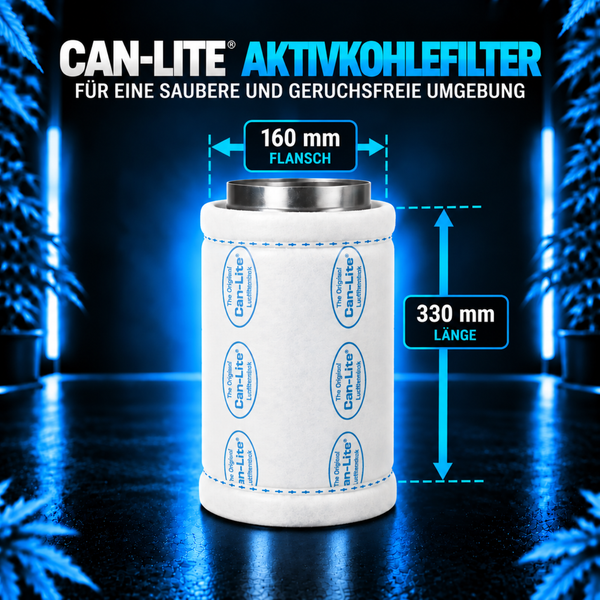 Can-Lite Aktivkohlefilter mit 160 mm Flansch und 330 mm Länge für saubere Luft.