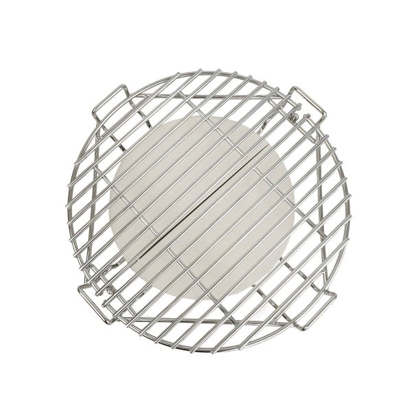 Runder Grillrost aus Edelstahl mit integriertem keramischem Pizzastein für Holzkohlegrills.