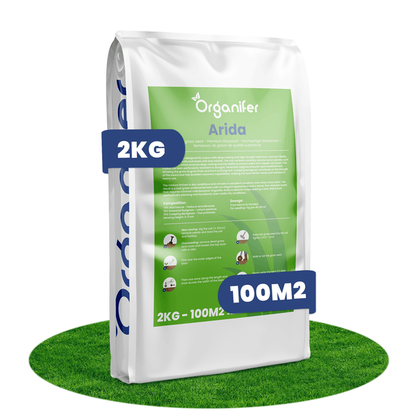 2 Kilogramm Organifer Arida Grassamen für circa 100 Quadratmeter mit Organifer Logo.