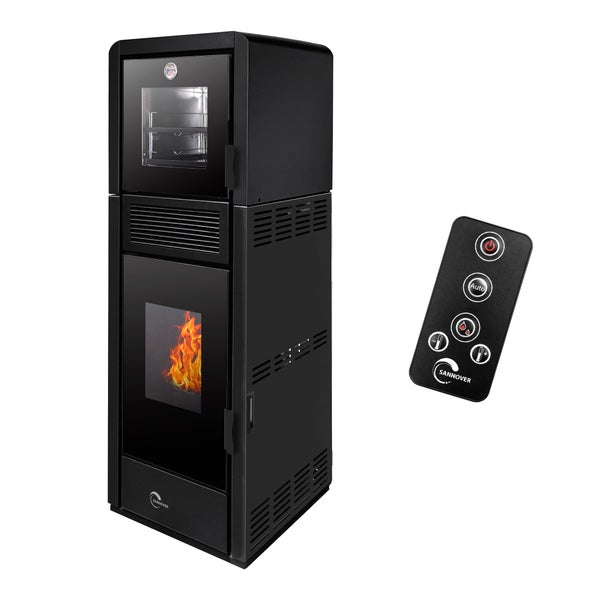 Sannover Pelletofen mit integriertem Backofen, Sichtfenster mit brennendem Feuer und einer Fernbedienung.