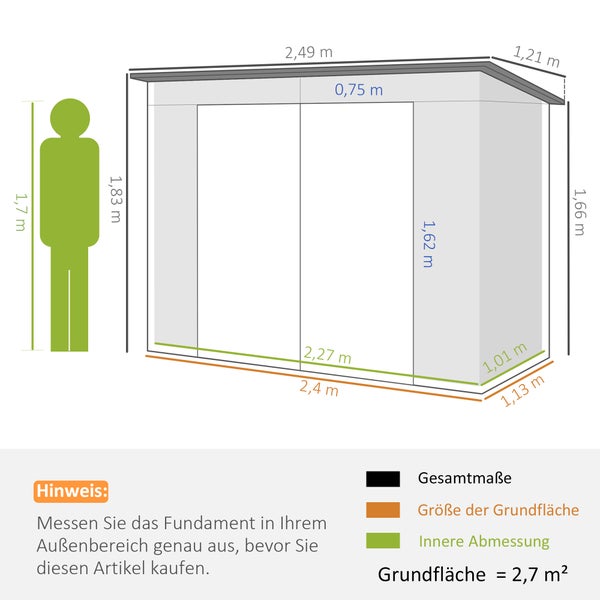 Maßzeichnung für ein Gerätehaus mit Außenmaßen von 2,49 mal 1,21 Meter, einer Grundfläche von 2,7 Quadratmetern und Angabe der Innenmaße.