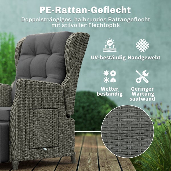 Garten-Relaxsessel aus handgewebtem Polyethylen-Rattangeflecht, UV-beständig und wetterfest mit geringem Wartungsaufwand.