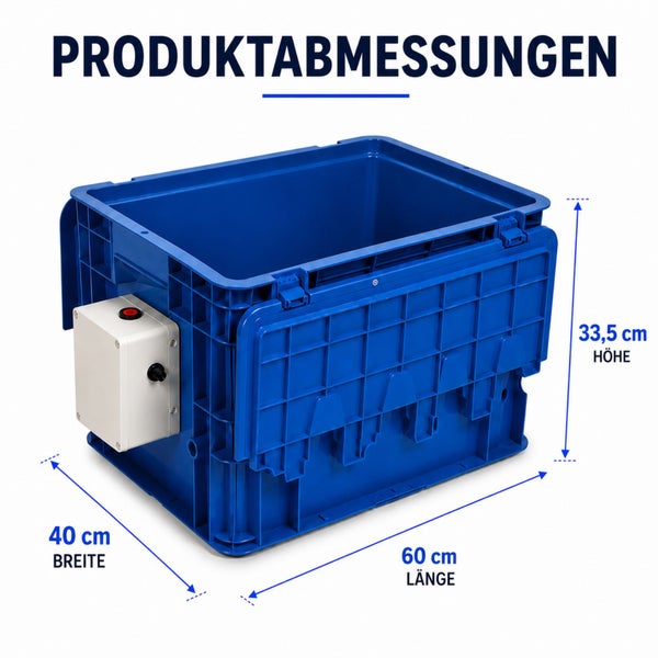 Produktabmessungen der Kunststoffbox mit Schaltkasten: Länge 60 Zentimeter, Breite 40 Zentimeter, Höhe 33,5 Zentimeter.
