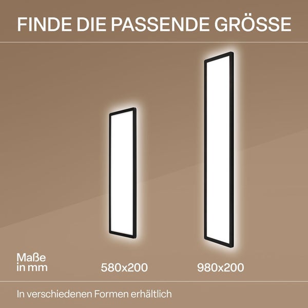 Größenvergleich von zwei rechteckigen LED Wandleuchten in den Maßen 580 mal 200 Millimeter und 980 mal 200 Millimeter.