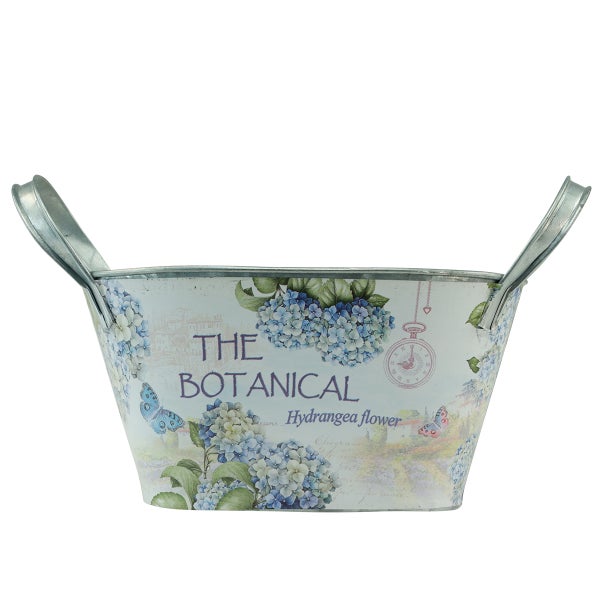 Dekorative Pflanzschale mit Blumenmuster und Metallgriffen