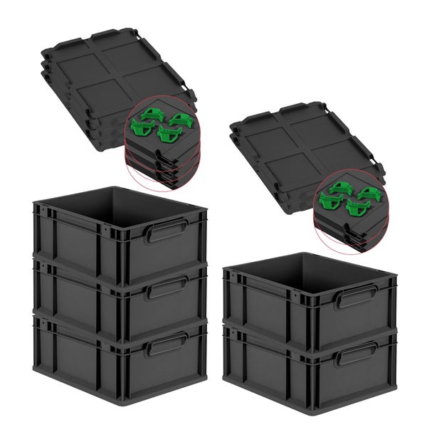 PROREGAL SparSet 5x Eurobox NextGen Grip mit Auflagedeckel inkl. 4 grünen Schiebeschnappverschlüssen, HxBxT 17x30x40cm, 16 Liter, Schwarz, Griffe geschlossen, Eurobehälter, Transportbox, Transportbehälter, Stapelbehälter