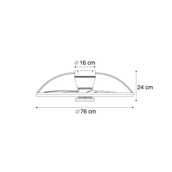 Technische Zeichnung eines Deckenventilators mit Maßangaben von 76 Zentimeter Durchmesser und 24 Zentimeter Höhe.