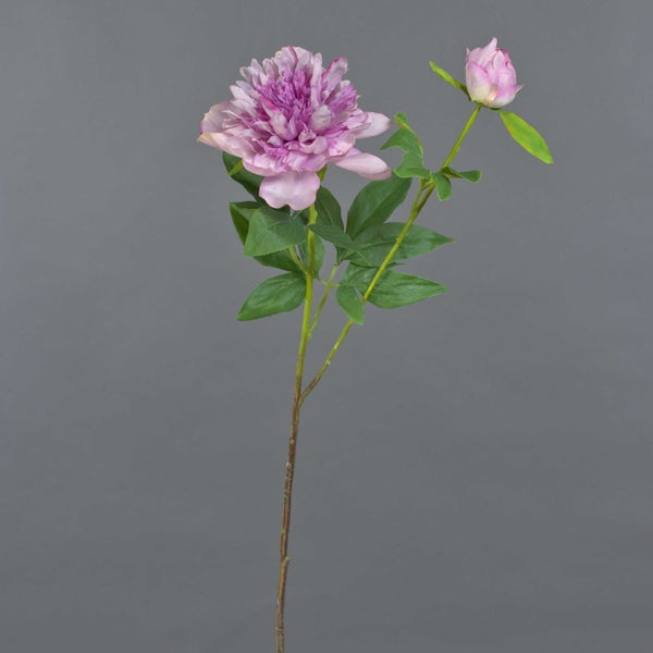 Künstliche Pfingstrose in Rosa mit einer Blüte, einer Knospe und grünen Blättern am Stiel.