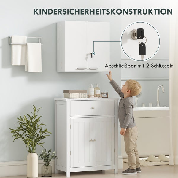 Abschließbarer Badezimmer-Wandschrank in Weiß mit zwei Schlüsseln für Kindersicherheit, darunter ein passender Unterschrank.