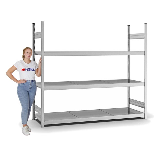 PROREGAL Weitspannregal Stecksystem T-Profil Grundregal HxBxT 200x225x60 cm 3 Ebenen Stahlplatten Fachboden Fachlast 350 kg Verzinkt