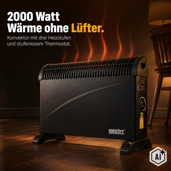 Hecht Konvektor Heizgerät mit 2000 Watt drei Heizstufen und stufenlosem Thermostat in einem Wohnraum auf einem Holzboden.