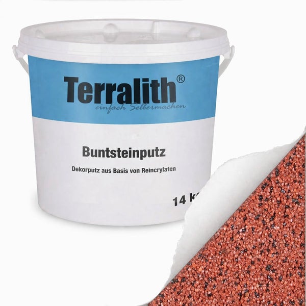 Terralith Buntsteinputz 14 Kilogramm Eimer mit Beispiel des rot-braunen Dekorputzes auf Reinacrylatbasis.