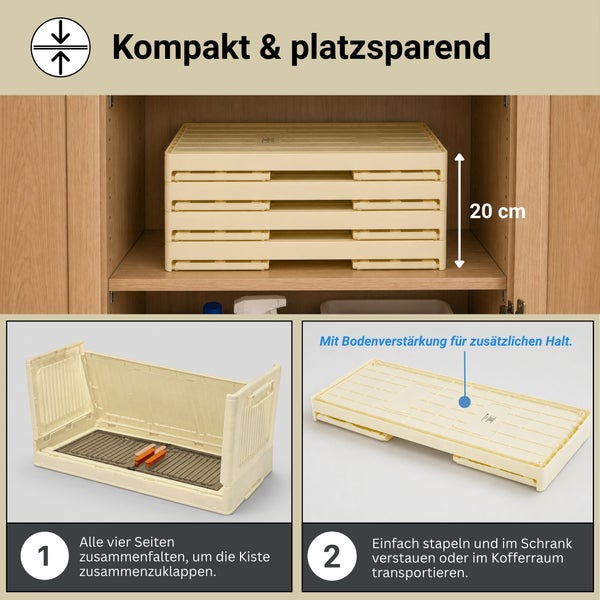 Klappbox kompakt zusammenfaltbar und stapelbar, 20 Zentimeter Stapelhöhe für vier Boxen im Schrank, mit Bodenverstärkung.