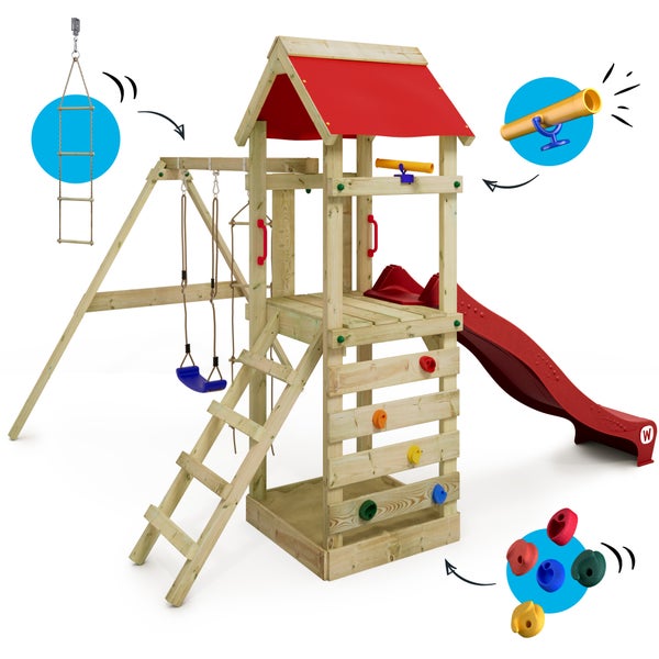 WICKEY Spielturm Klettergerüst FreeFlyer mit Schaukel und Rutsche, Kletterturm mit Sandkasten, Leiter und Spiel-Zubehör - rot