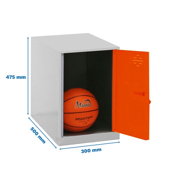 Metallschrank mit einer Tür und einem Basketball im Inneren; Maße: 475 x 500 x 300 Millimeter