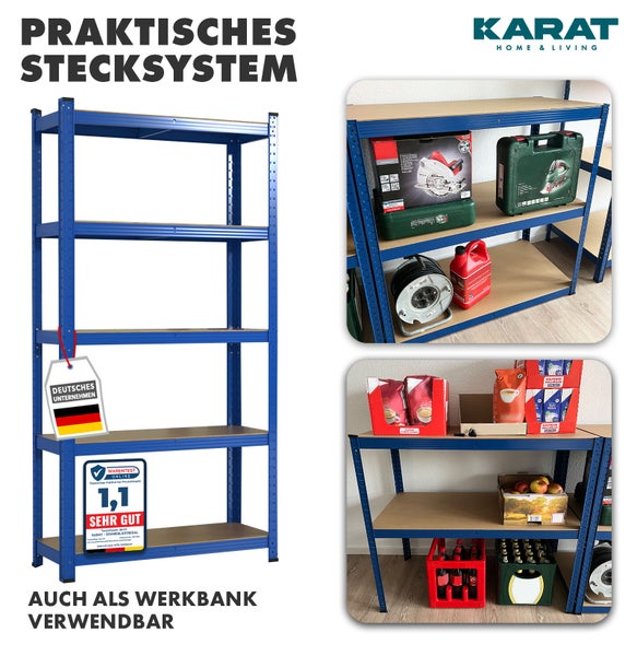 KARAT Home und Living Logo. Blaues Schwerlast-Steckregal aus Metall mit fünf Holzböden, auch als Werkbank nutzbar. Deutsches Unternehmen, sehr gut.