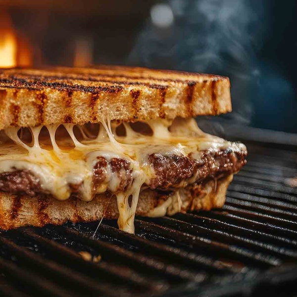 Ein gegrillter Käse-Burger mit geschmolzenem Käse zwischen zwei Scheiben Brot auf einem Grill.