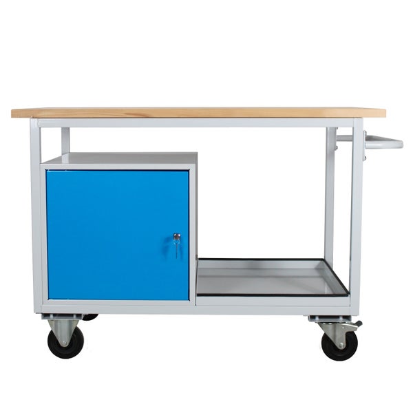 PROREGAL Mobile Werkbank Light Rhino mit Ablagefach 1 Tür HxBxT 85 x 130 x 60 cm 2 Lenkrollen 2 Bockrollen Traglast 300 kg Lichtgrau Blau