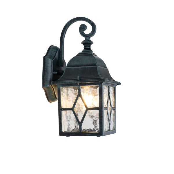 Außenwandleuchte im klassischen Laternen-Design mit strukturiertem Glas und dekorativem geschwungenem Metallarm.