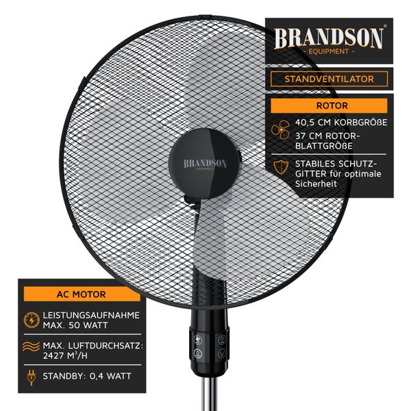 Brandson Standventilator mit Fernbedienung 50W, leise, Ventilator höhenverstellbar, 30° neigbar , 3 Geschwindigkeitsstufen, Oszillation ca. 90°