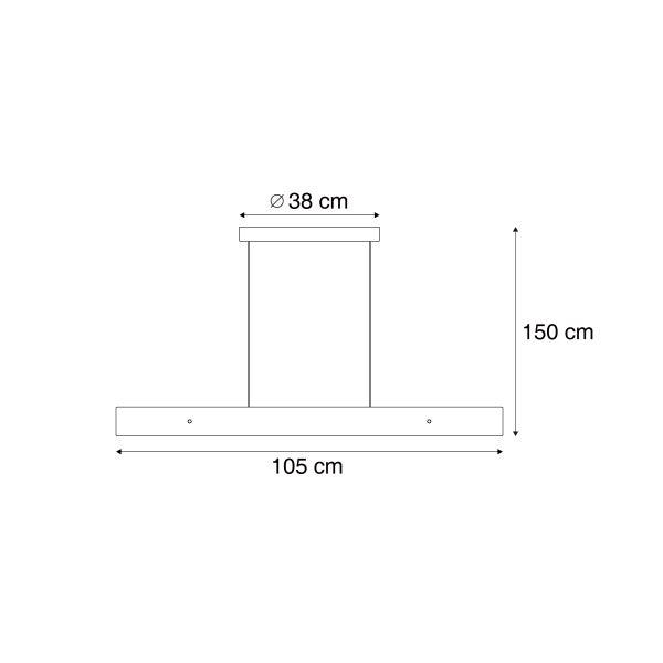 Technische Zeichnung einer Hängeleuchte mit den Maßen 38 cm Durchmesser, 105 cm Länge und 150 cm Höhe.