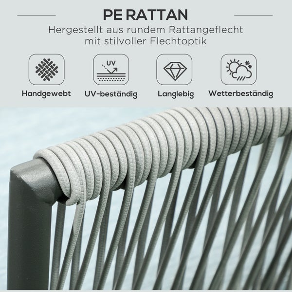 Detailansicht von rundem PE-Rattangeflecht mit Symbolen für handgewebt, UV-beständig, langlebig und wetterbeständig.